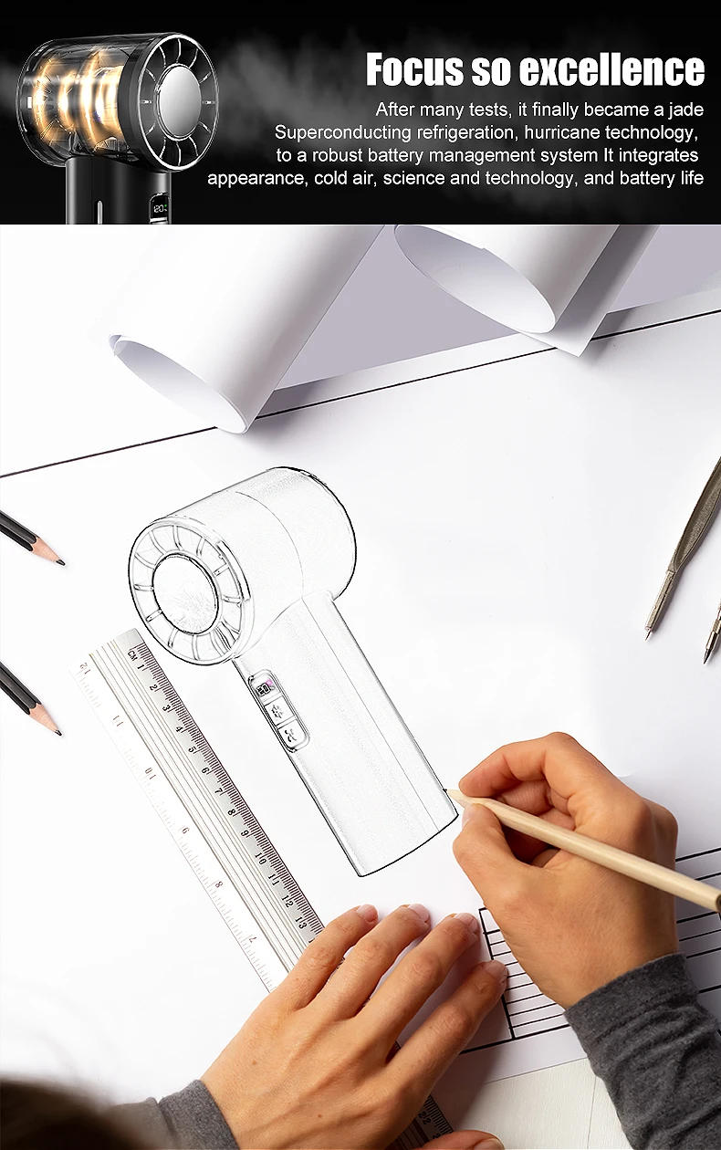 Description Picture 4 of item2025 New Portable Refrigeration Small Air conditioner 100 Wind High-speed Mini Handheld Fan USB Rechargeable Outdoor Turbo Fan