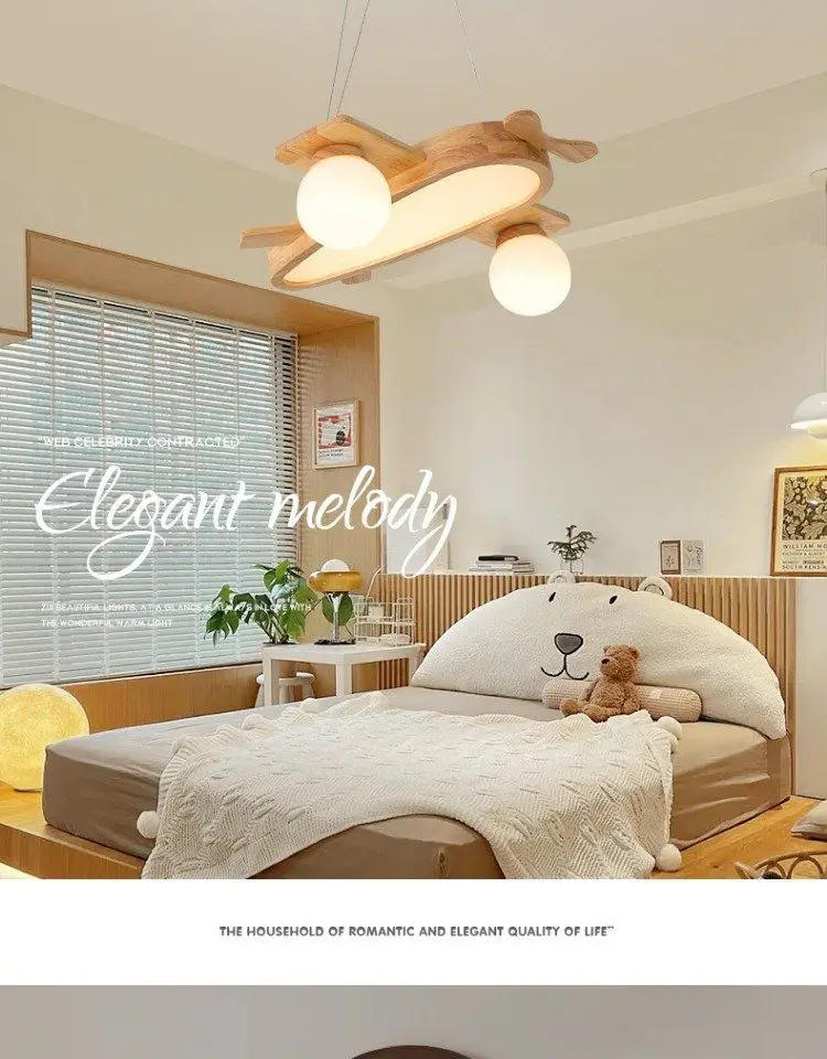 Description Picture 6 of itemSolid Wood Airplane Lamps Nordic Children's Room Pendant Light Walnut Color LED Aircraft Hanging Lamp Kids Nursery School