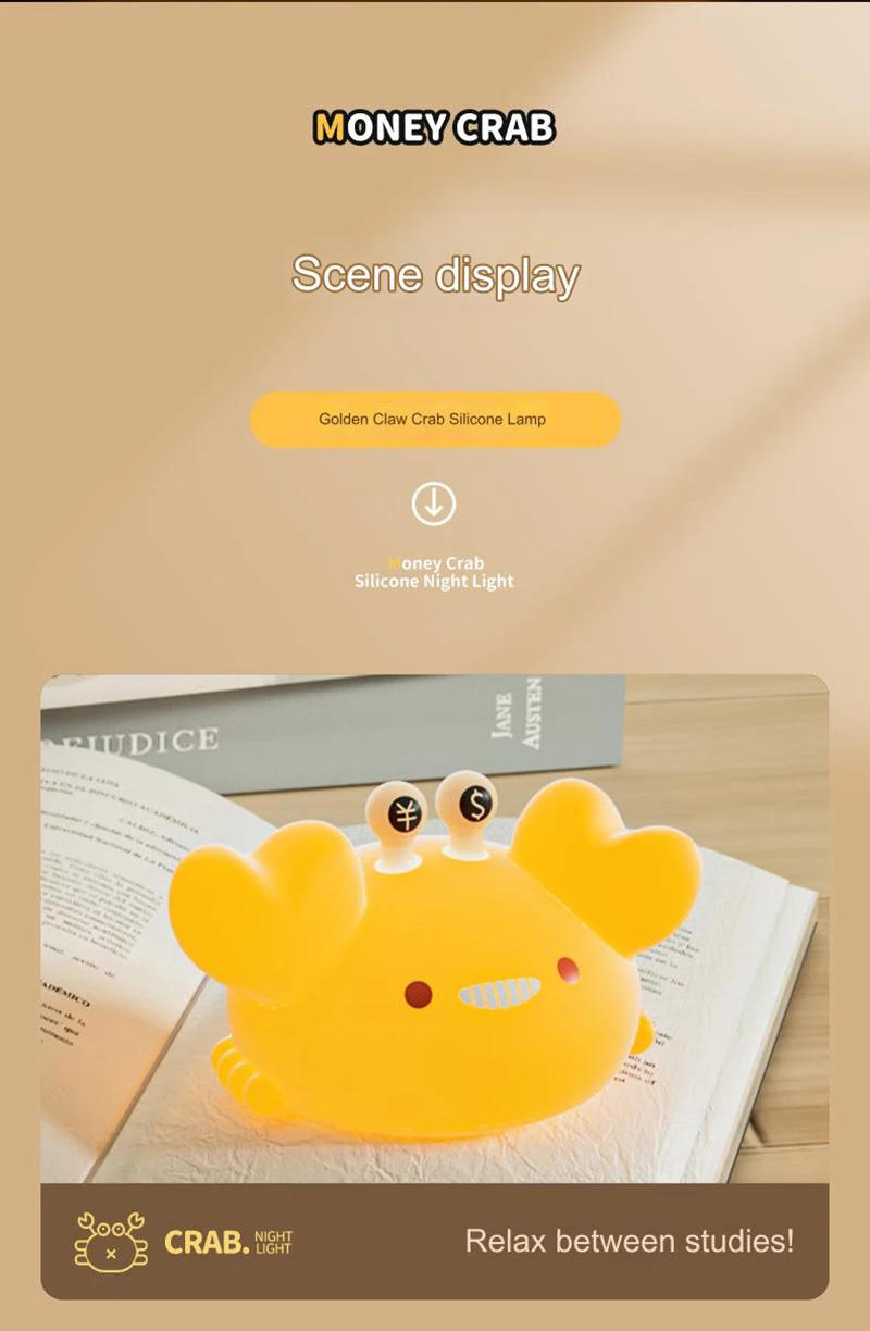 Description Picture 3 of itemFunny Money Crab Night Light Squishy Silicone Animal Dimmable Sleep Timer Baby Nightlight Kid Room Decor Bedside Touch Lamp Gift