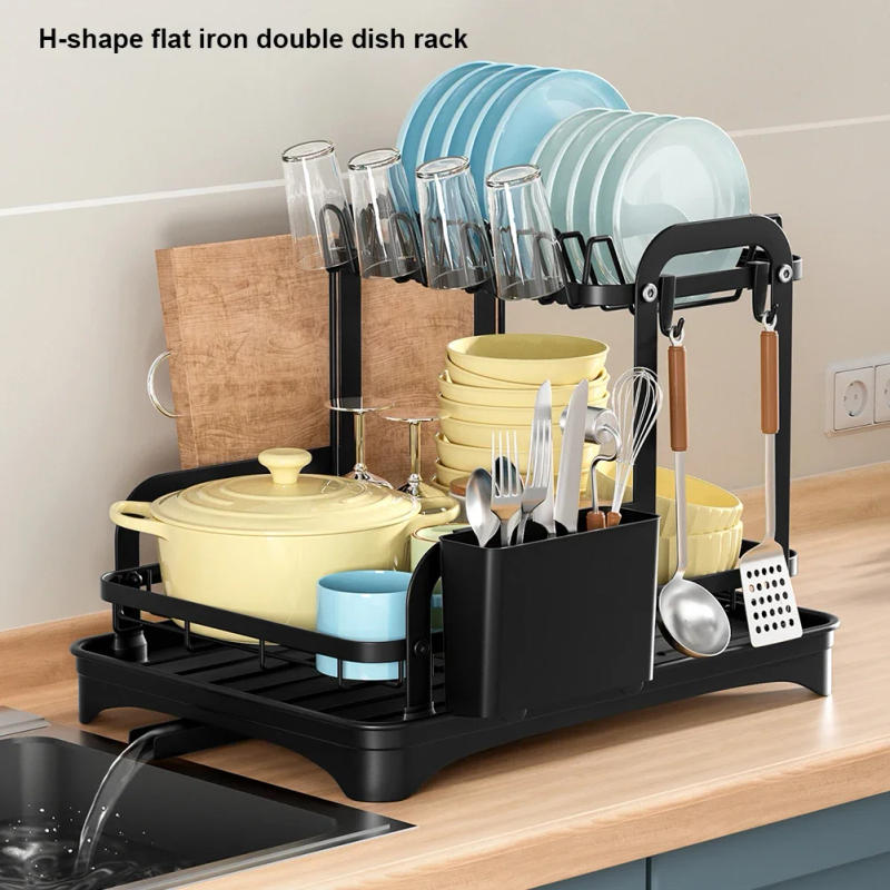 Description Picture 3 of item2 Tier Dish Bowl Drainer Storage Rack Kitchen Dish Drying Rack with Drain Basket Countertop Dinnerware Organizer Drainboard