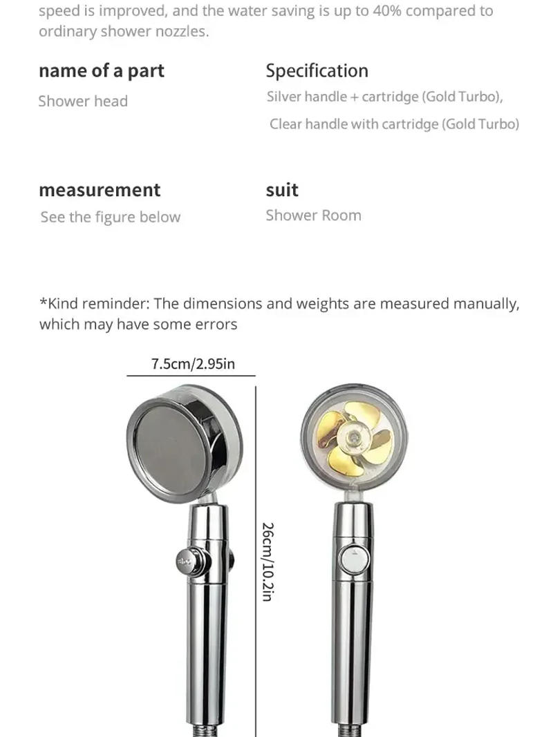 Description Picture 6 of itemPressurized Shower Head Water Saving 360 Rotating Twin Turbo Pressurized Propeller Fan Shower Head Bathroom Accessories