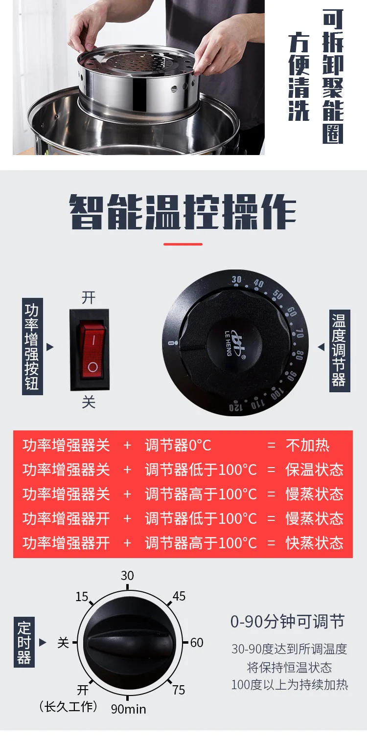 Description Picture 6 of itemElectric Steamer Stainless Steel Commercial Steamer Pot Timed Large-capacity Steam Pot Steamed Cook Food Warmer Freeshipping