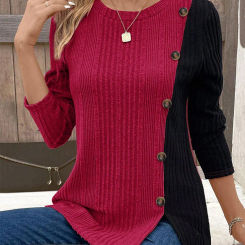 4 Color Blocked Round Neck Long Sleeved Button Fashion T-shirt Women's Casual Comfortable Autumn knited Top