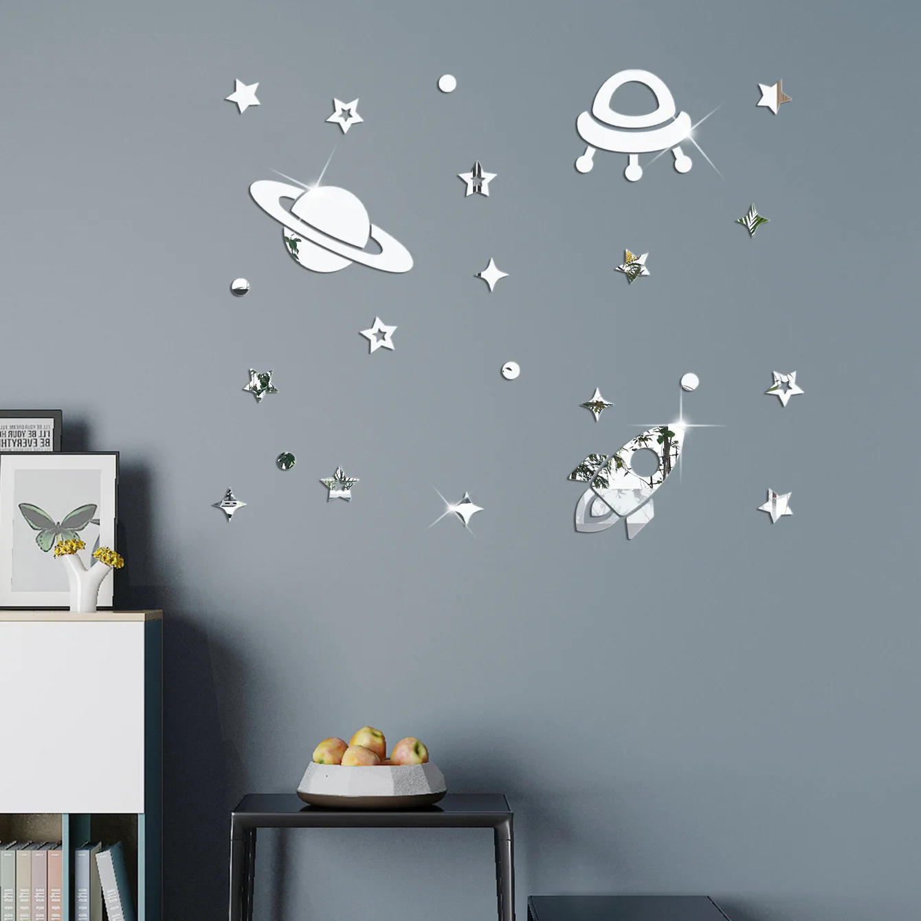 Description Picture 2 of item33pcs Planet Shape Mirror Wall Stickers 3D Acrylic Universe Stars Wall Decal Self-Adhesive For Kids Room Bedroom Home Decor