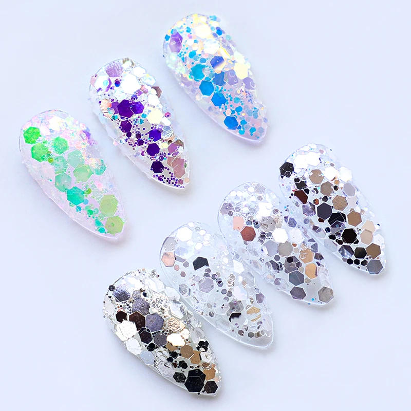 Description Picture 6 of itemSuper Holographic Silver Mixed Nail Art Glitter Sequins Sparkly Mirror Chunky Flakes 3D Paillette Manicure DIY Supplies