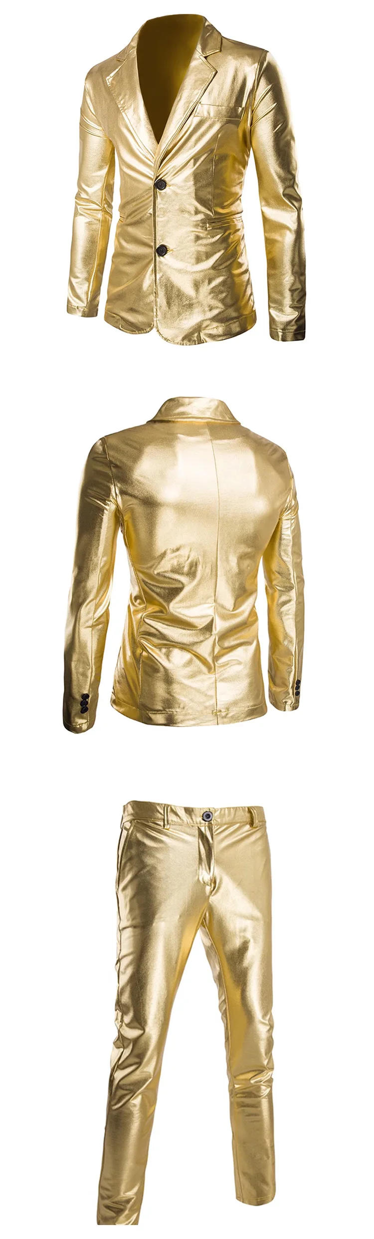 Description Picture 3 of itemHot Stamping Glossy Casual Suit for Men Slim Fit 2 Piece Solid Shiny Party Gold Silver Black Suit for Men Blazer Jacket & Pants