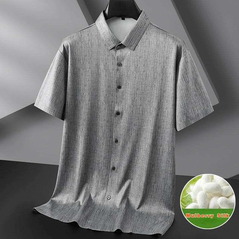 Description Picture 3 of itemPlus Size 7XL Summer Mulberry Silk Men's Shirts High Elasticity Short Sleeve Seamless Single Breasted Casual Man Dress Shirts