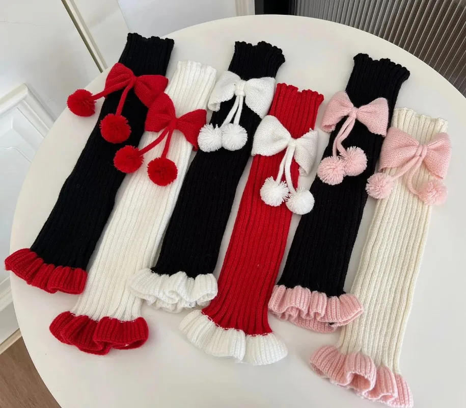 Description Picture 2 of itemHarajuku Y2k Girls Cute Bow Plush Ball Leg Warmers Socks Japanese Lolita Kawaii Sweet JK Pink Ruffles Knitted Warm Leg Cover