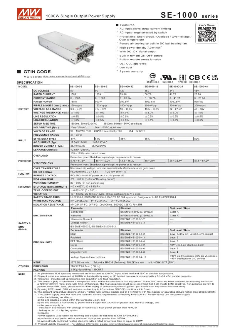Description Picture 2 of itemMEAN WELL SE-1000 Series SE-1000-5 SE-1000-9 SE-1000-12 SE-1000-24 SE-1000-48 Single Output Switching Power Supply