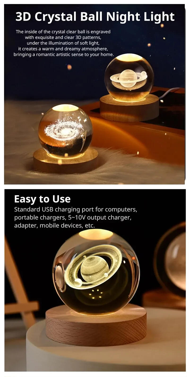 Description Picture 2 of itemLED Night Light Crystal Ball LED Galaxy Children Night Lamp For Bedroom Ambient Light Creative Gift Night Light 5V USB Led Light