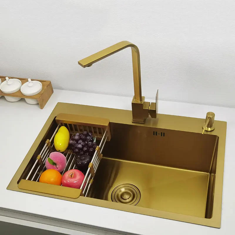 Description Picture 6 of itemGold kitchen sink Single Sink Bowl SUS304 Stainless Steel Kitchen Towel Basket Strainer Golden Washing Basin Kitchen Sinks