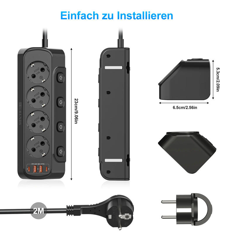 Description Picture 5 of itemEu Plug Desktop power board 4 AC power sockets separate switch 2 USB-A2 USB-C fast charging ports 2 meters extension cable white