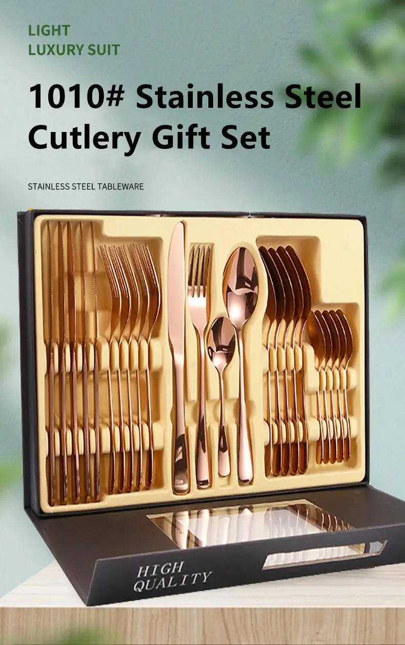 Description Picture 2 of item24PCS Gift-Pack Cutlery Tableware Set Black Golden Spoon Fork Dinnerware Kitchen Gadget Sets Stainless Steel Portable Utensils