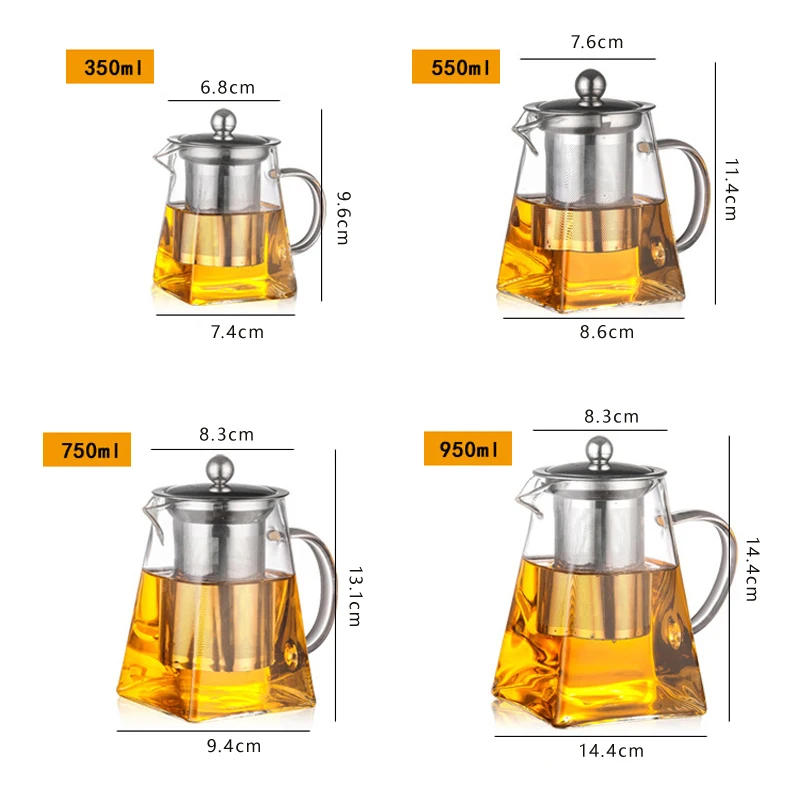 Description Picture 3 of itemHeat Resistant Glass Teapot With Stainless Steel Infuser Heated Container Tea Pot Good Clear Kettle Square Filter Baskets