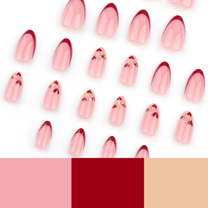 Description Picture 4 of item24pcs Valentine'S Day Press On Nails Set Short Almond Shaped Glossy Red Nails with Heart Glitter Pattern False Nails For Party