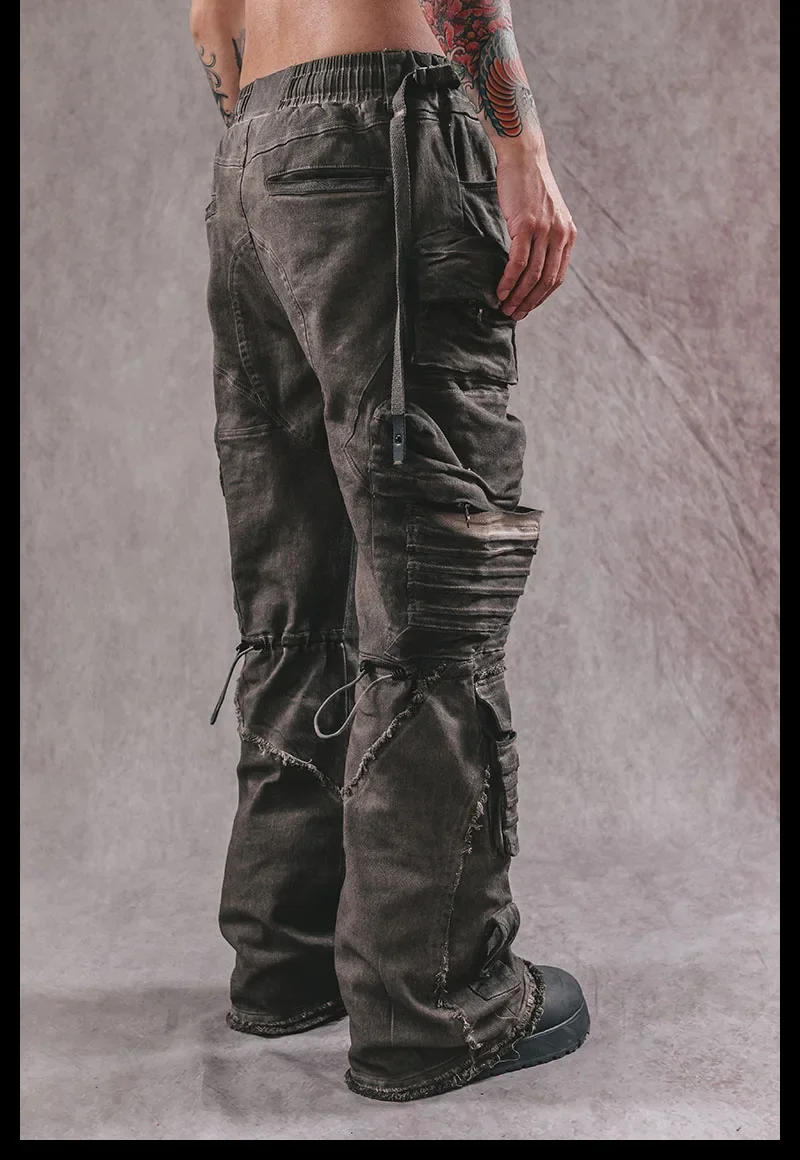 Description Picture 6 of itemHeavy Industry Stereoscopic Patch Bag Layered Distressed Washed Technology Wide Legs Big Horn Cargo Pants for Men