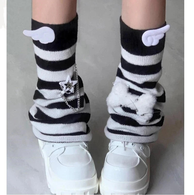 Description Picture 3 of item2024 Women Gothic Lolita Striped Leg Warmer Harajuku Y2k Girls Punk Black Blue Wing Plush Bones Knitted Leg Cover Streetwear