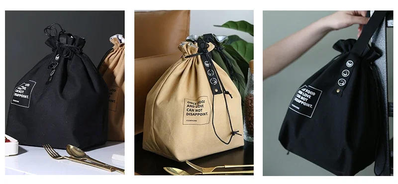 Description Picture 6 of itemSimple Drawstring Strap Insulated Lunch Bag Drawstring Storage Canvas Lunch Bag Camping Picnic Bag Camping Travel Accessories