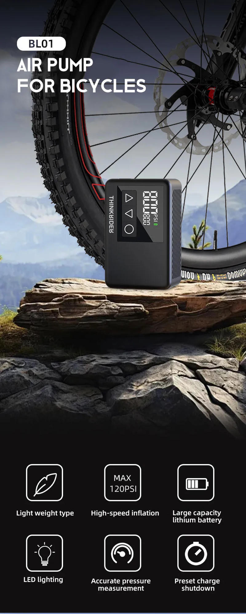 Description Picture 2 of itemThinkRider 120 PSI Portable Pocket Bike Electric Air Pump MINI Tire Inflator For Bicycle Digital Gauge Display