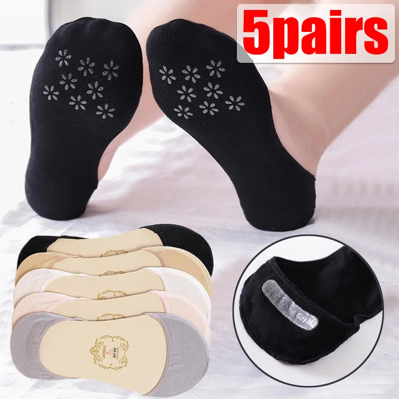 Description Picture 2 of item5Pairs Cotton Socks Summer Invisible Non-slip Boat Socks Invisible Ladies Low Cut Ankle Socks Women Slippers Silicone Thin Sock
