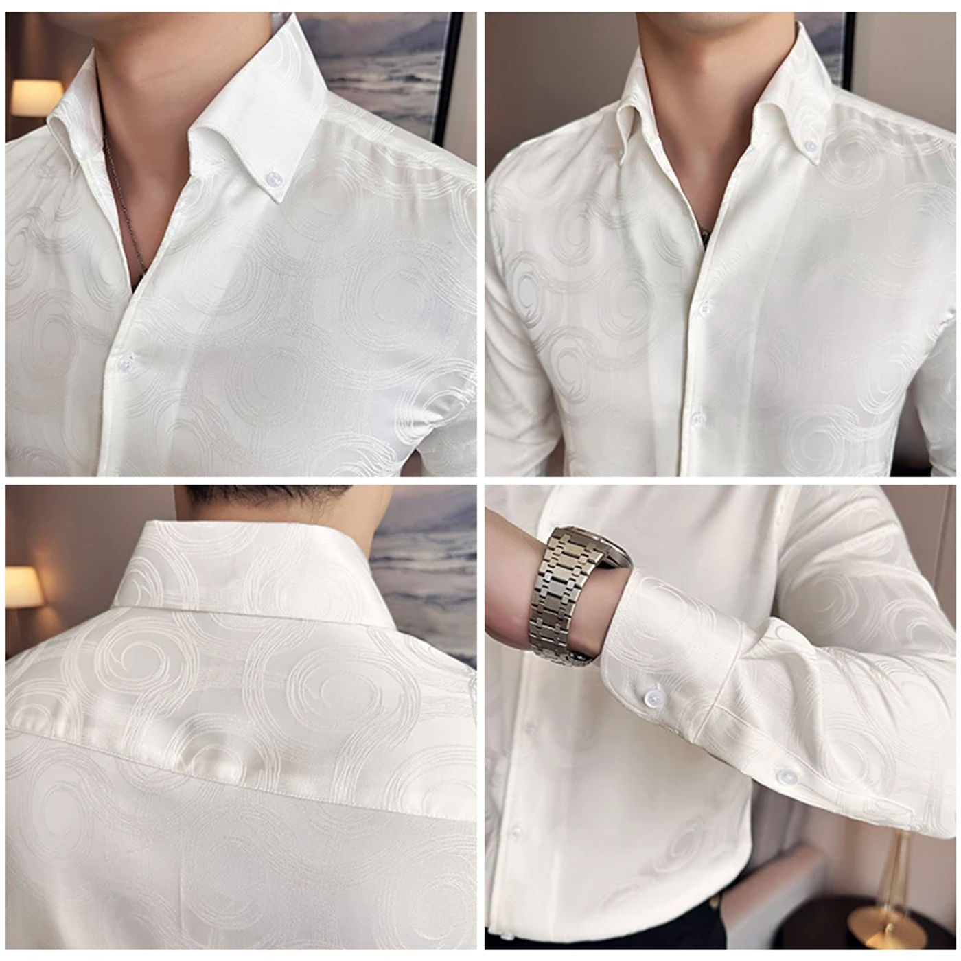 Description Picture 3 of itemElegant Men's Social Shirts High Quality V Neck Long Sleeve Floral Shirts For Men Slim Fit Dark Patterned Jacquard Tuxedo 4XL-M