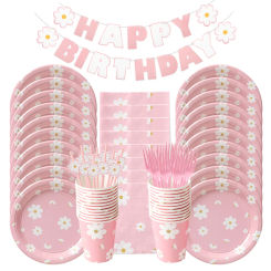 Daisy Theme Birthday Party Decor Pink Disposable Tableware Daisy Paper Plate Napkin for Baby Shower Birthday Party Wedding Decor