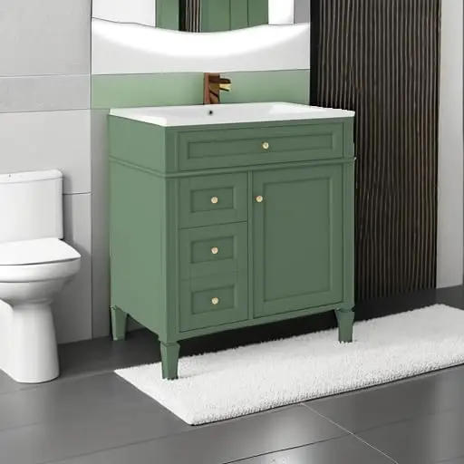 Description Picture 5 of itemBathroom Vanity with Sink Combo Set, Solid Wood Frame Modern Bathroom Storage Cabinet with 2 Drawers and a Tip-Out Drawer
