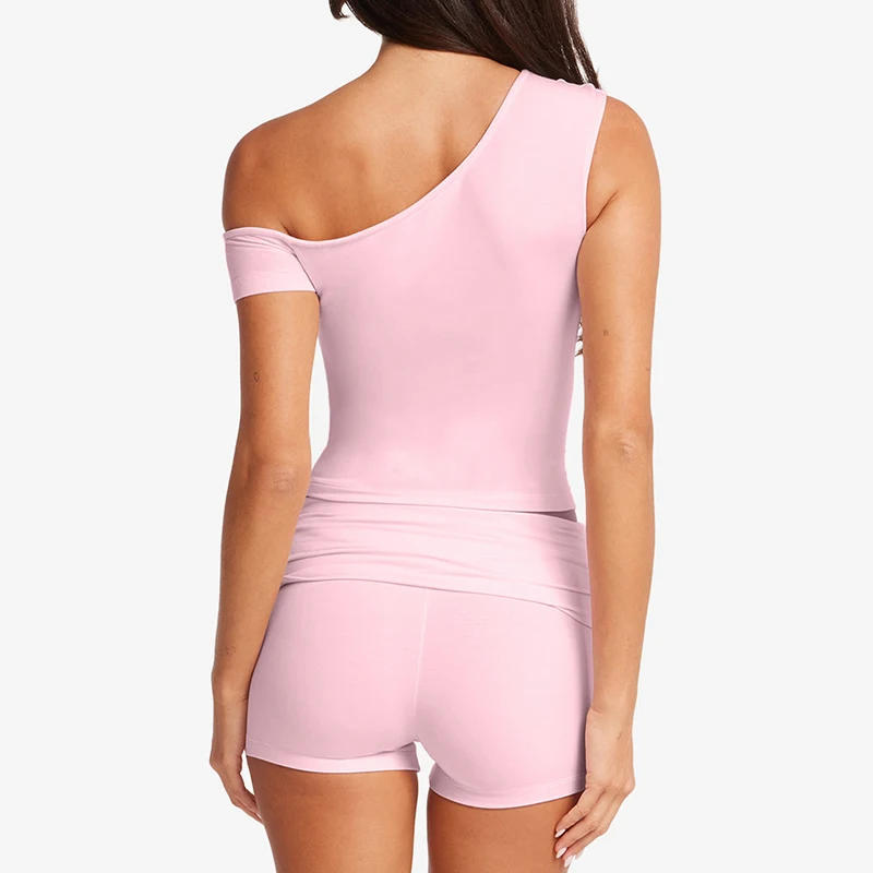 Description Picture 4 of itemChic Ladies Fashion Short Sleeve One Shoulder T-shirt + Folds Waist Shorts Women 2 Piece Slim Fit Crop Tops Coquette Outfits