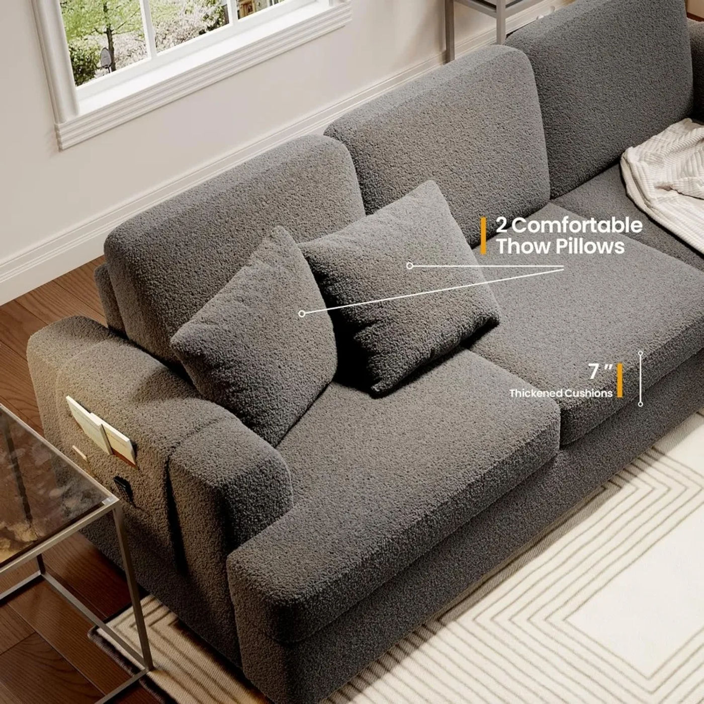 Description Picture 6 of itemDeep Seat Sofa 89" with Throw Pillow, Modern Sofa, Couches for Living Room, Comfy Sofa, Sleeper Couch, Bouclé, Dark Grey