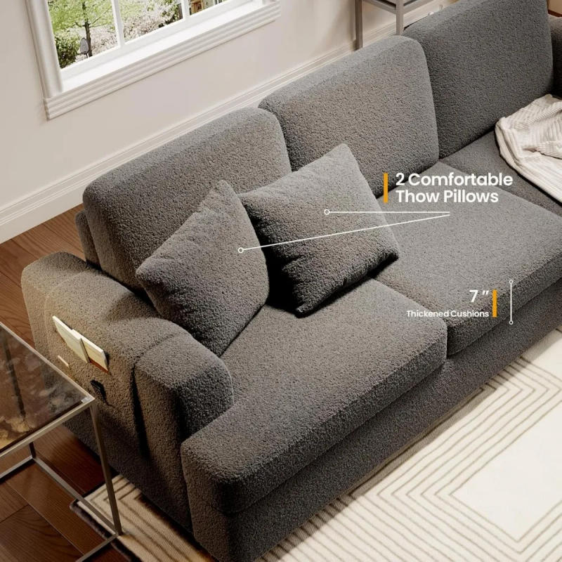 Description Picture 6 of itemDeep Seat Sofa 89" with Throw Pillow, Modern Sofa, Couches for Living Room, Comfy Sofa, Sleeper Couch, Bouclé, Dark Grey