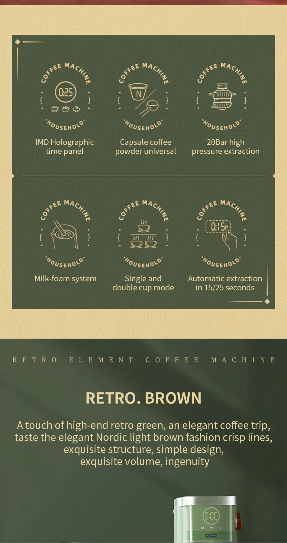 Description Picture 5 of item2024 New Konka Italian coffee machine semi-automatic home commercial capsule coffee machine extracts steam to whip milk