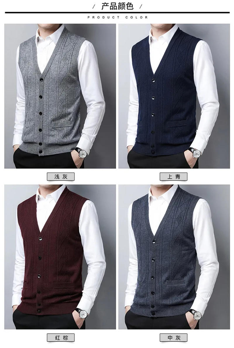 Description Picture 4 of itemMan Single Breasted Sleeveless Sweater Cardigan Men Wool Knitted Coats Vest