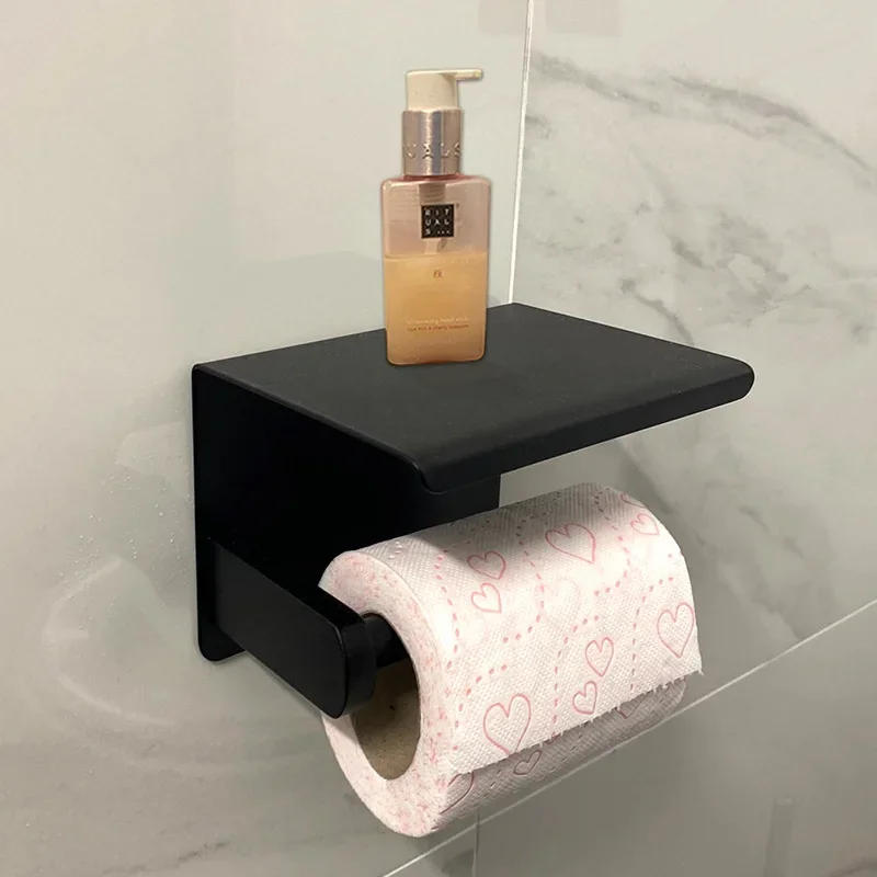 Description Picture 2 of itemBathroom Toilet Towel Paper Holder Phone Holder Wall Mount Paper Holder with Shelf Towel Rack Tissue Boxes Black