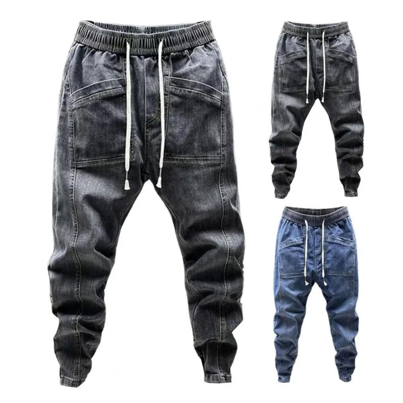 Description Picture 5 of itemMen Solid Color Jeans Men's Elastic Drawstring Waist Denim Cargo Pants with Pockets Casual Spring Autumn Harem Trousers for Men