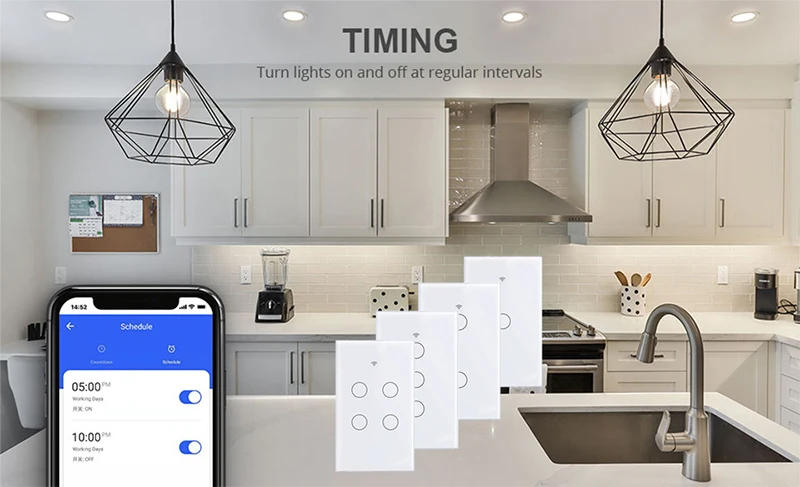 Description Picture 4 of itemTuya WiFi Smart Light Switch US 120 Type Wall Touch Panel Without Neutral Single Fire Work with Alexa Google Home 1/2/3 Gang
