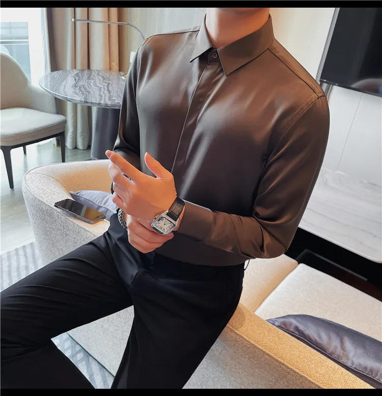 Description Picture 3 of itemHigh Quality Solid Color Shirt for Men Long Seeve Casual Business Formal Dress Shirts Slim Fit Social Party Tuxedo Blouse 2023