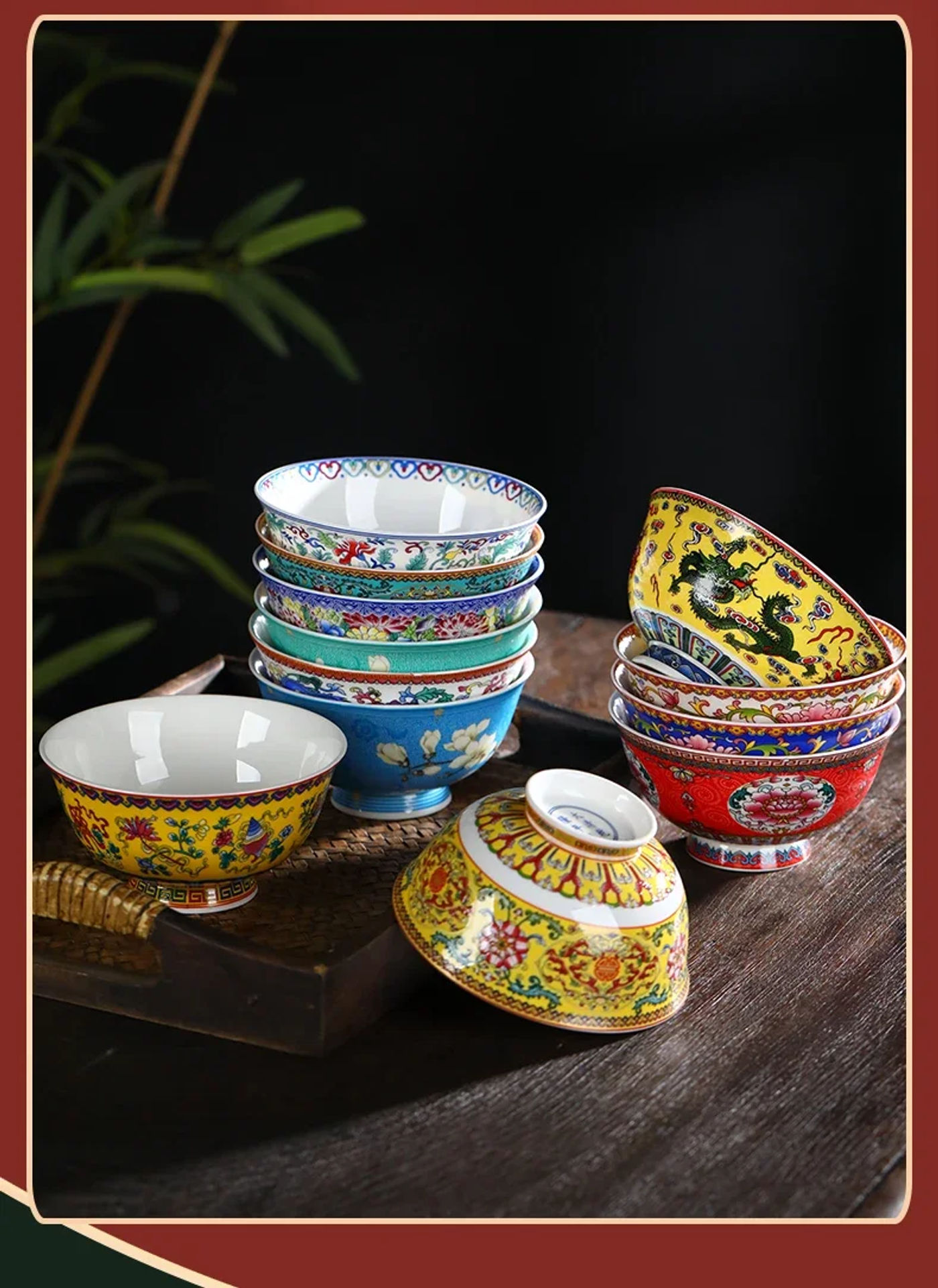 Description Picture 5 of itemNew Chinese Style Ceramic Bowl Enamel Colored Rice Bowl Kitchen Dish Set Bone Porcelain Household Bowl salad bowl set