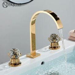 Gold Bathroom Basin Faucet Basin Three Hole Installation Mixer Double Crystal Handle Cold And Hot Mixing Tap Bathtub Crane