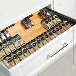 Bamboo Spice Rack, 4-Tier Large Capacity Insert Spice Organizer Tray for Cabinet Kitchen Drawer Storage