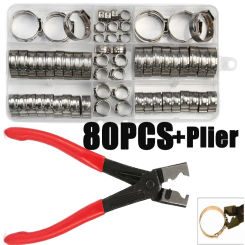 80pcs Ear Stepless Clamp Stainless Steel Worm Drive Fuel Water Hose Pipe Clamps Clips with 1PC Hose Clip Clamp Pliers