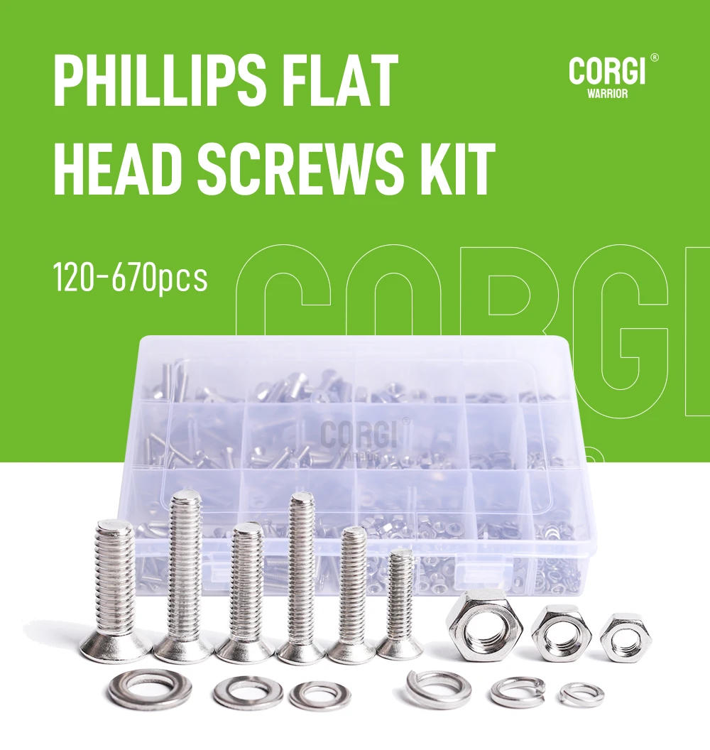 Description Picture 2 of item120/670 Pcs Flat Head Phillips Drive Screws Assortment Kit M2/M2.5/M3/M4/M5/M6 Countersunk 304 Stainless Machine Screw Nuts Case