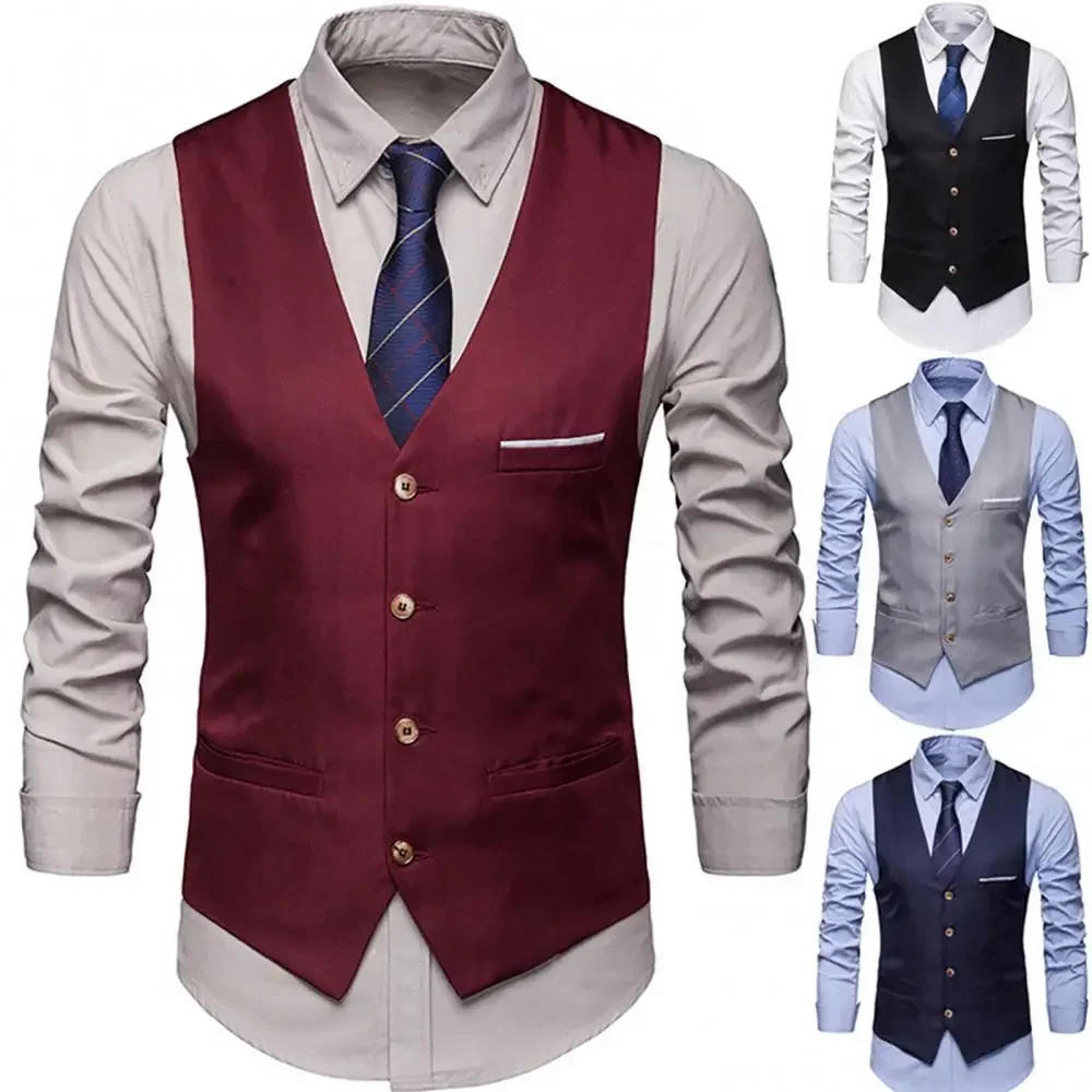 Description Picture 2 of itemFormal Men Suit Vest Solid Color Single Breasted Business Waistcoat