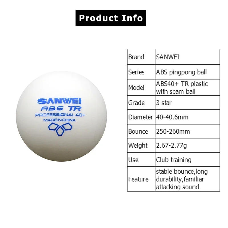 Description Picture 2 of item50/100pcs/pack SANWEI TR 3 Stars Professional Table Tennis Balls White 40+ ABS Plastic Material Club Training Ping Pong Ball