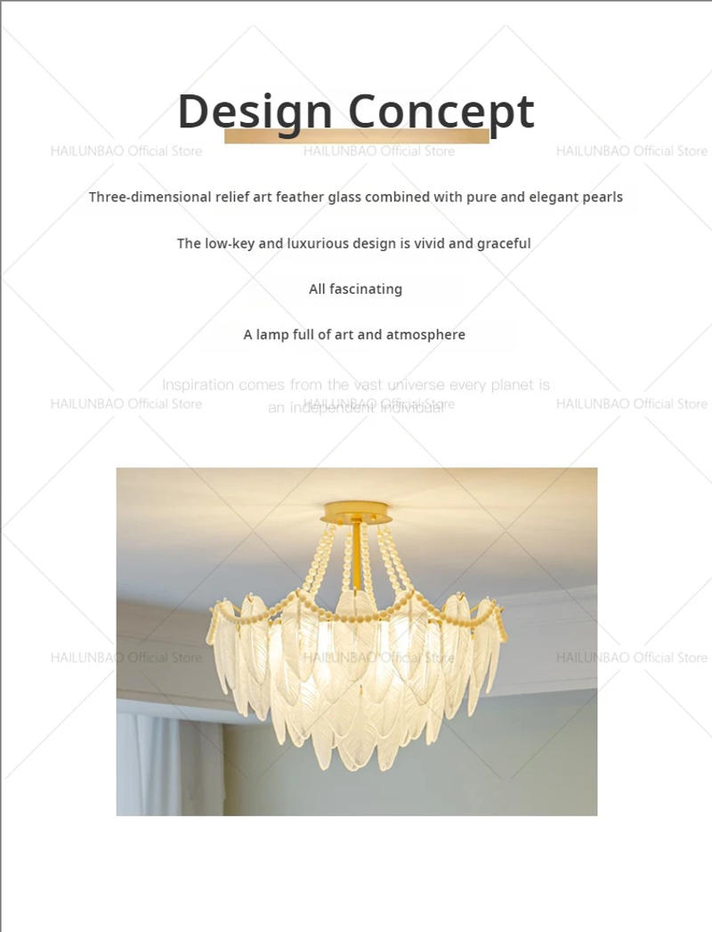 Description Picture 3 of itemFrench Light Luxury Living Room Feather Glass Chandelier Italian Post-Modern Simple Designer Master Bedroom Dining Room Lamps
