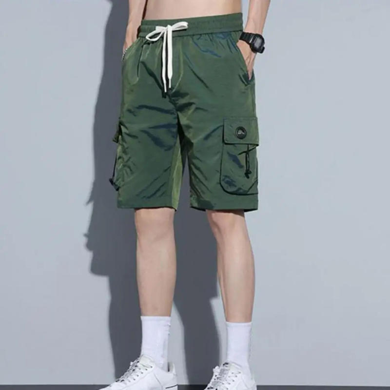 Description Picture 4 of itemMen Summer Shorts Elastic Waist Adjustable Drawstring Ice Silk Casual Shorts Wide Leg Gradient Color Multi Pockets Cargo Shorts