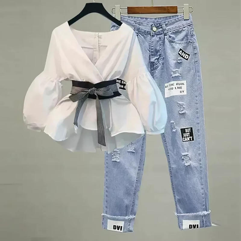 Description Picture 2 of itemWomen Elegant V-Neck Stripe Office Lady Suit Lantern Sleeve Bow Belt Trend Slim Casual Chiffon Shirt Top And Korean Ripped Jeans