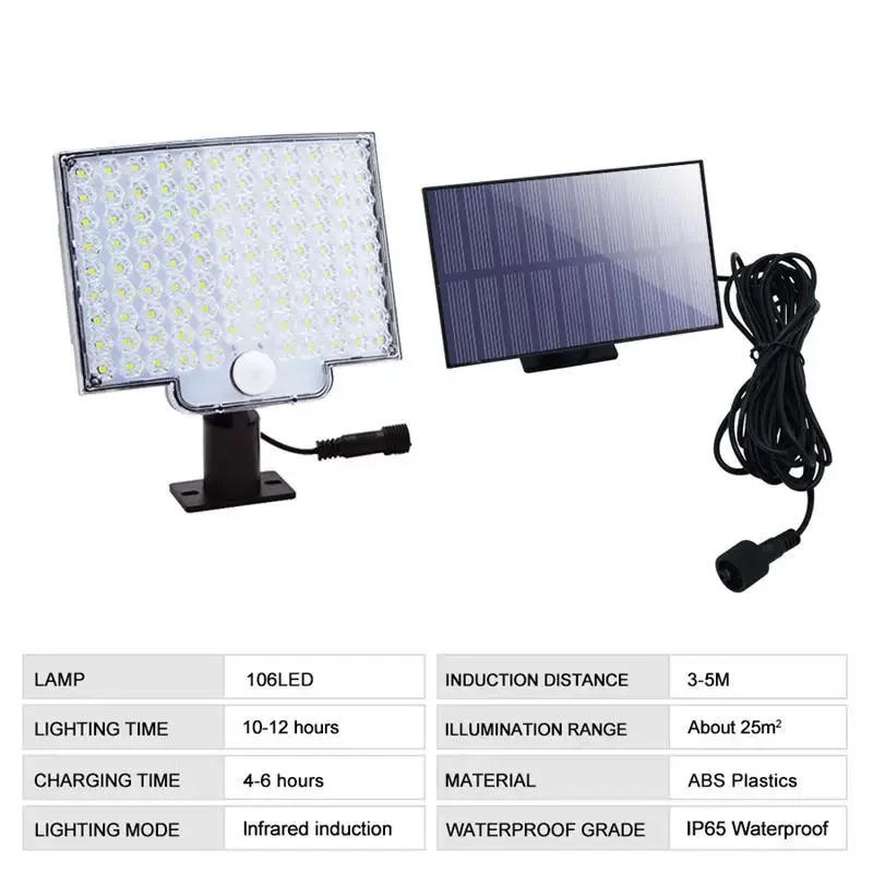Description Picture 4 of itemSolar Motion Lights 106led Outdoor Separate Panel Solar Powered Flood Security Lights with Remote IP65 Waterproof Wall Lights