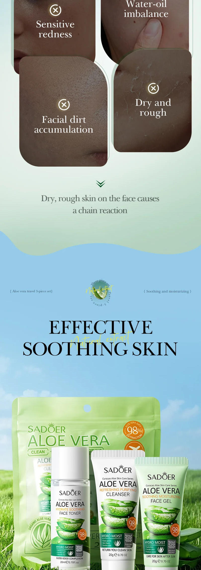 Description Picture 3 of item3pcs SADOER Aloe Vera Skin Care Sets Face Wash Facial Cleanser Aloe Gel Toner Face Cream Moisturizing Anti-aging Skin Care Kit