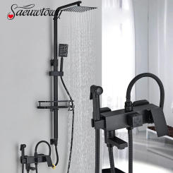 3/4 Ways Bathroom Shower Faucet Rain Shower Tap Bath Faucet Wall Mounted Bathtub Shower Mixer Crane Brass Mixer Valve Black