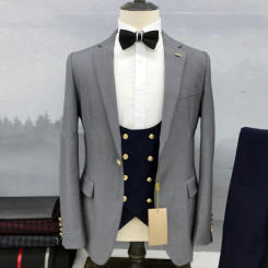 Custom Grey Coat Navy Blue Vest Pant Fashion Wedding Suits Men Formal Slim Fit Groom Prom Tailcoat Tailor Made Man Blazer Tuxedo